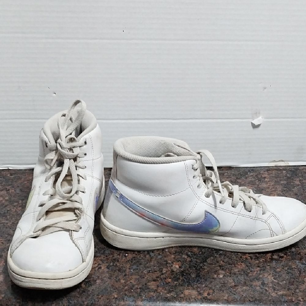 Nike White High-Top Sneakers with Iridescent Swoosh. They are size 7